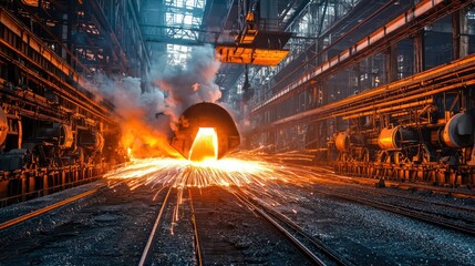 Fototapeta premium A steel mill with a furnace emitting sparks and smoke.
