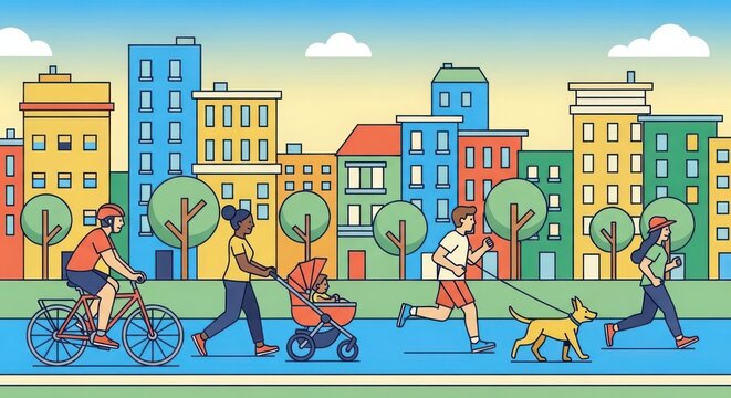 Diverse group of people enjoying various outdoor activities on a sunny day in a vibrant city park