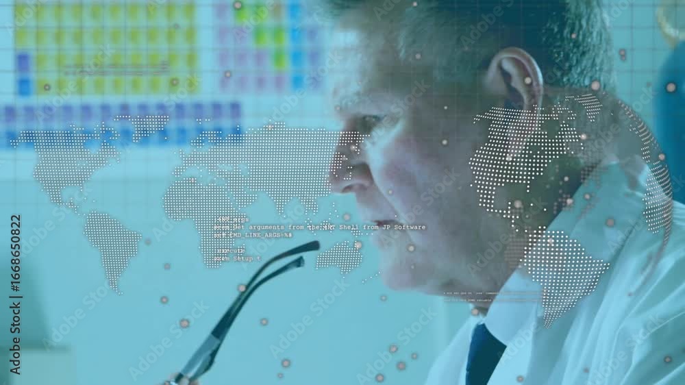 Poster senior male scientist typing on laptop in lab showing map overlay analyzing and removing glasses
