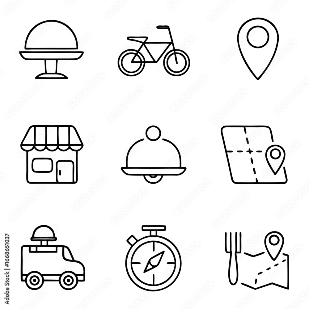 Poster set of food delivery and travel icons in a minimalist outline style for web design and user interfac