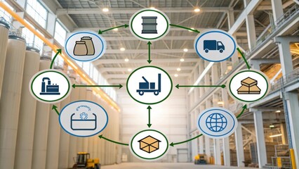 An industrial warehouse scene showcasing logistics operations, with icons representing transportation, storage, and global supply chain management.