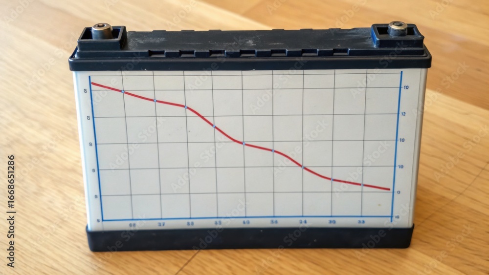 Poster a battery with a graph showing a downward trend, indicating a decrease in performance or charge over