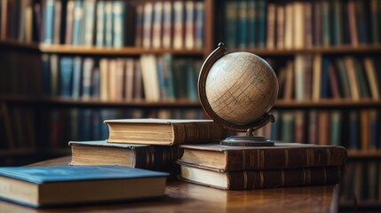 A vintage globe sits on a stack of old books in a library.