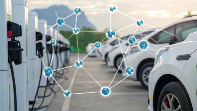 Electric vehicle charging stations are connected through a network, showcasing the future of sustainable transport and technology in a modern setting.
