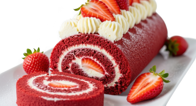 Decadent red velvet swiss roll cake with fresh strawberries and whipped cream