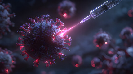 Vaccinated syringe injecting virus, virus treatment injection jab illustration. 