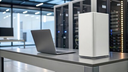 A sleek white computer tower stands beside a laptop on a modern desk in a high-tech server room, showcasing a clean and professional workspace.