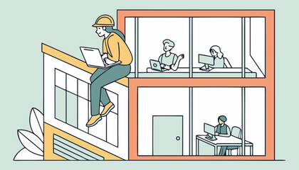 Fototapeta premium mini Workers sitting on the desk in office. Employees work in open workspace, comfortable coworking. Corporate business space with creative interior, modern equipment, computers. Flat vector illustrat