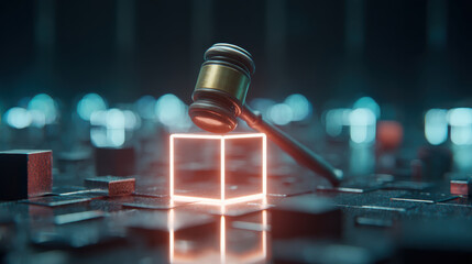 Gavel rests on glowing blockchain cube, surrounded by futuristic digital landscape with cinematic lighting, symbolizing intersection of law and technology