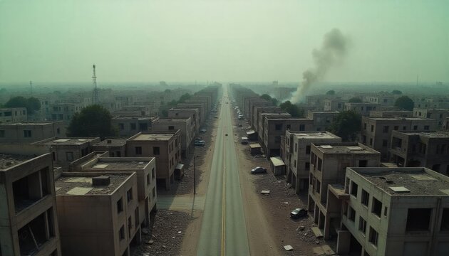 War-torn city street aerial view