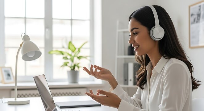 Engaged businesswoman actively participating in a video conference call with headphones on