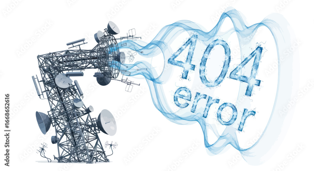 Poster telecommunication tower broadcasting a 404 error message signal.