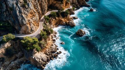 Aerial view of rugged coastal cliffs with a winding path and turquoise ocean waves