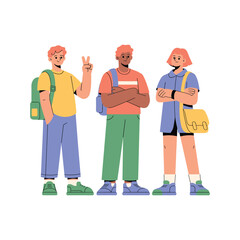 Group of happy teenage friends standing together with backpacks, modern youth lifestyle illustration symbolizing friendship, education, school, and community.
