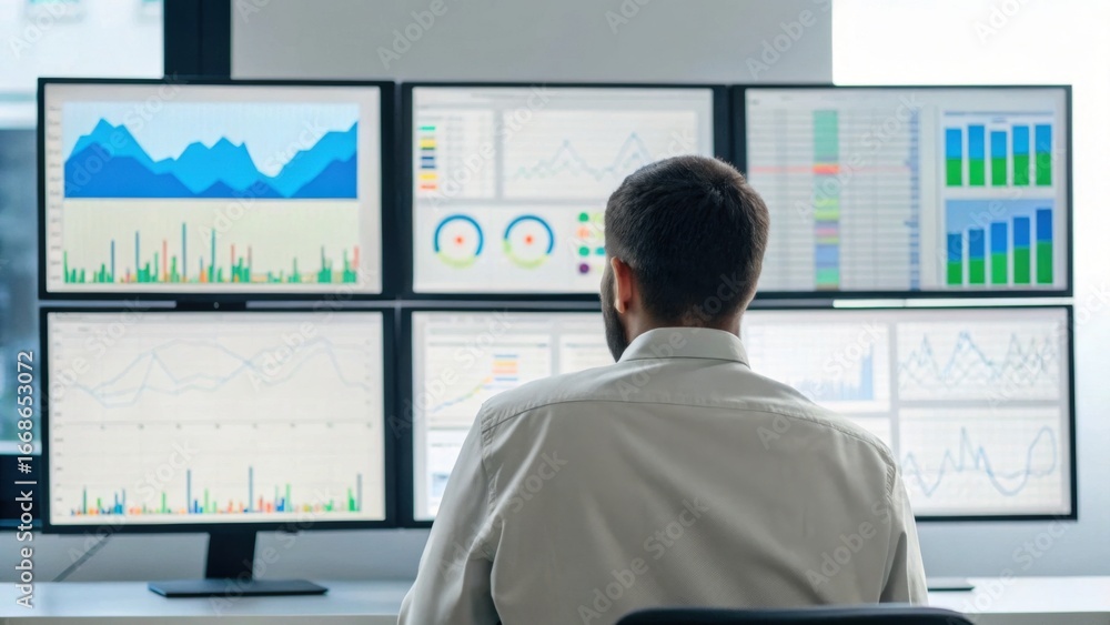 Aufkleber a person analyzes data displayed on multiple monitors, showcasing graphs and charts in a modern work
