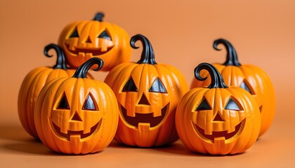 Fototapeta premium Cheerful Halloween Jackolantern Pumpkins Orange Background