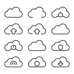 Cloud computing icon set featuring upload, download, storage, security, wifi, and data transfer symbols