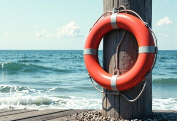 Lifering with blank face secured to a dock post by the ocean