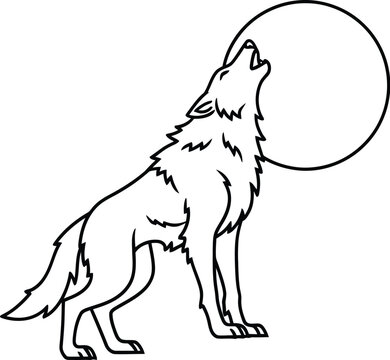Line art illustration of a wolf howling at the moon on white background