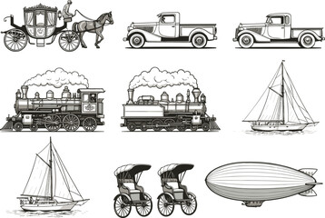 Vintage transport vector set steam train zeppelin sailing boat rickshaw horse carriage retro cars antique travel illustration collection © Md