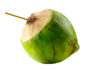 Refreshing green coconut with straw, perfect for tropical drinks, summer vibes, and healthy hydration