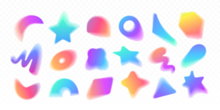 Set of soft blurred gradient shapes, icons, color gradations. Abstract isolated colorful shape blurs, various geometric forms, aesthetic decoration elements, motion effect. Isolated gradient mesh.