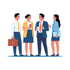 Fototapeta premium Group of business professionals standing together, discussing ideas, teamwork and collaboration concept illustration for corporate office and workplace success.