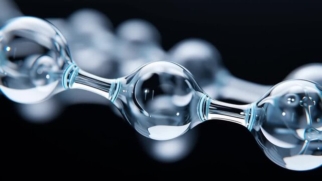 Transparent molecular glass structure rotating, showcasing scientific interconnections within dark minimalist space