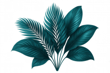 Vibrant teal tropical leaves creating a lush, exotic bouquet on a transparent background, perfect for jungle-themed designs