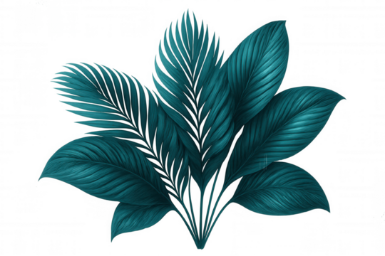 Vibrant teal tropical leaves creating a lush, exotic bouquet on a transparent background, perfect for jungle-themed designs - Powered by Adobe