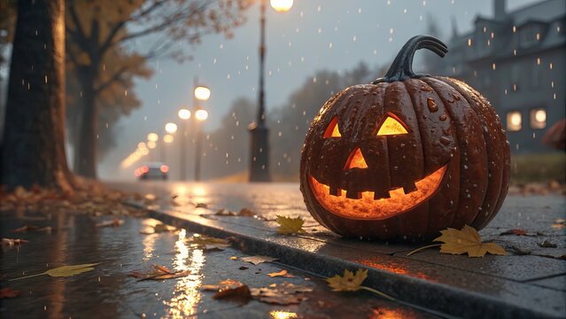 Jack-o-lantern glowing on a wet street during autumn rain