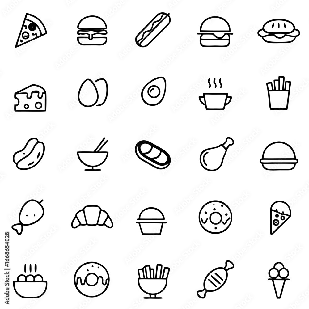 Poster Fast food icons set design graphic symbol line outline element collection modern shape simple style