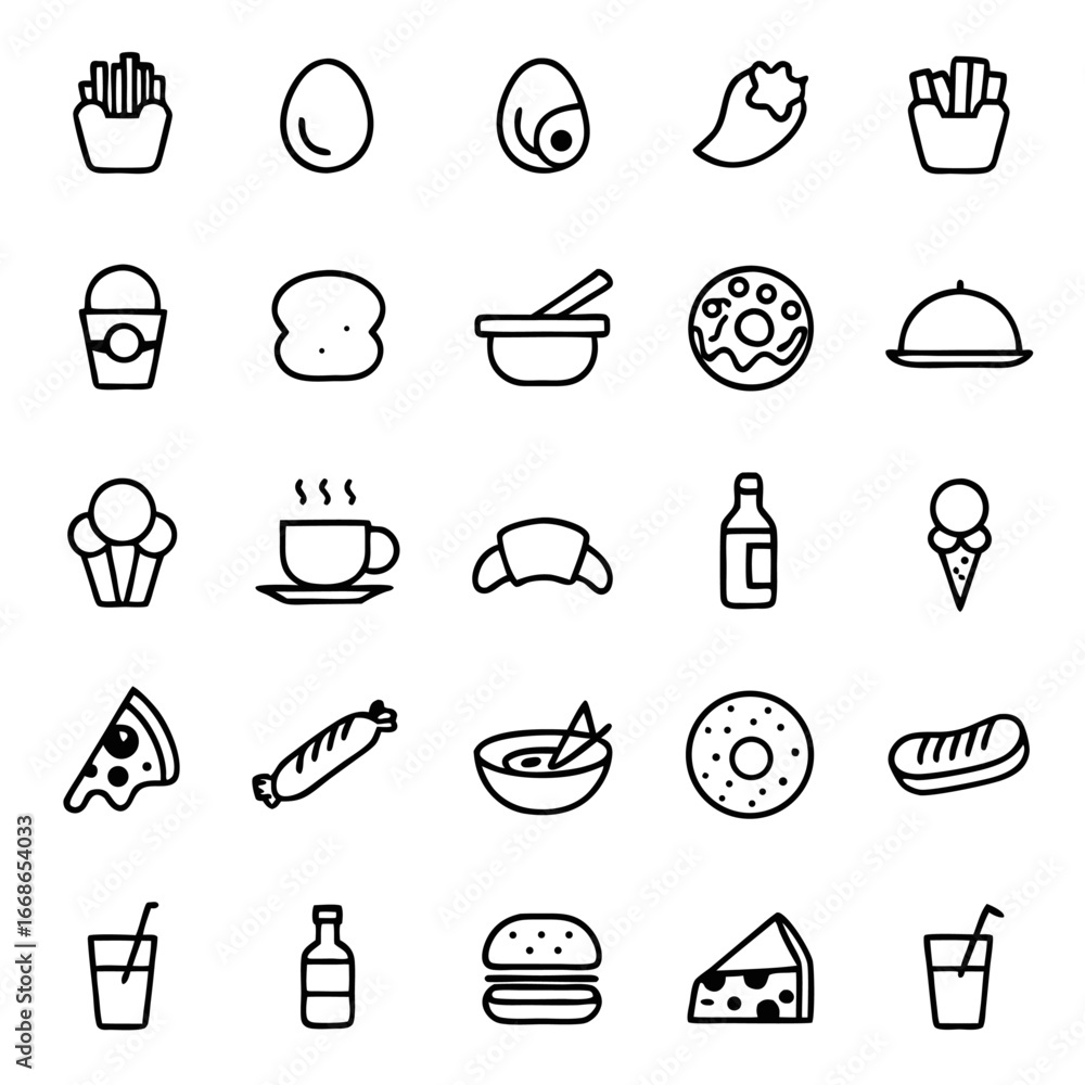 Poster fast food icons set design graphic symbol line outline element collection modern shape simple style