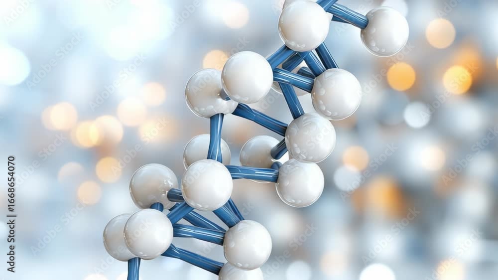 Poster dynamic molecular structure spinning, white bonds glowing against luminous blurred backdrop with sof