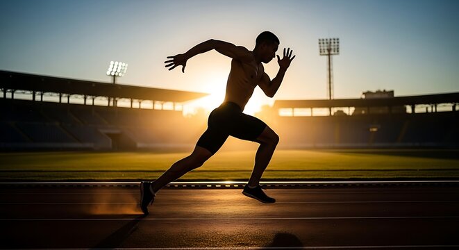 Dynamic sprinter explodes from starting blocks at stadium during golden hour for victory - Powered by Adobe