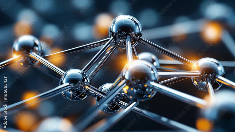 Poster molecular metallic structure spinning, displaying interconnected scientific elements with luminous b