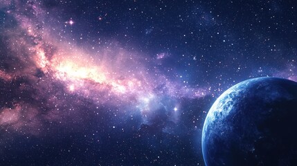 A vibrant, starry space scene with a blue planet and a glowing, colorful nebula in the background.