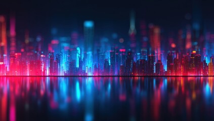 Obraz premium Futuristic city skyline at night, vibrant colors, reflected on water