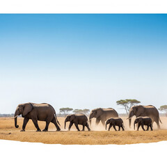 African Elephants Walking Across Savanna Plain Under Clear Blue Sky, isolated on a white background

