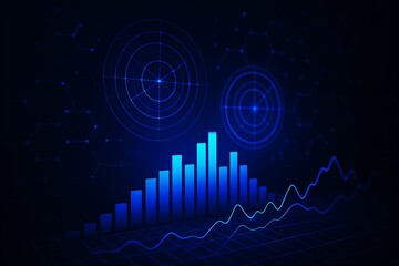 Abstract technology background with charts, graphs, and radar displays in blue tones.