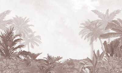 Tropical Palm Trees Background Watercolor Illustration, Exotic Jungle Landscape
