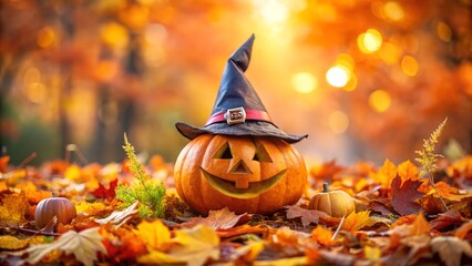 Naklejka premium A halloween pumpkin with a witch hat on a bed of autumn leaves