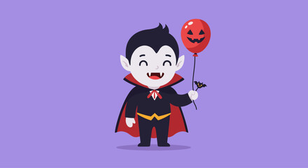 This Flat Design illustration depicts a happy little vampire kid character, complete with a cape and fangs, joyfully holding a tiny, non-scary bat-shaped balloon. It's a delightful and child-friendly 