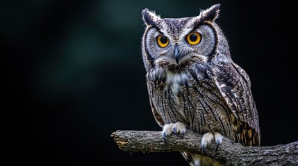 A long-eared owl perched on a branch against a dark background.