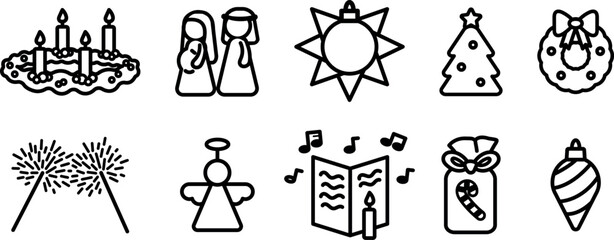 Icono de Navidad como peregrinos, corona de adviento, bengala, entre otros