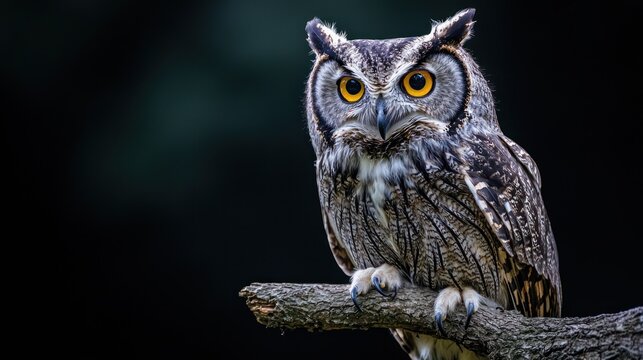 A long-eared owl perched on a branch against a dark background. - Powered by Adobe