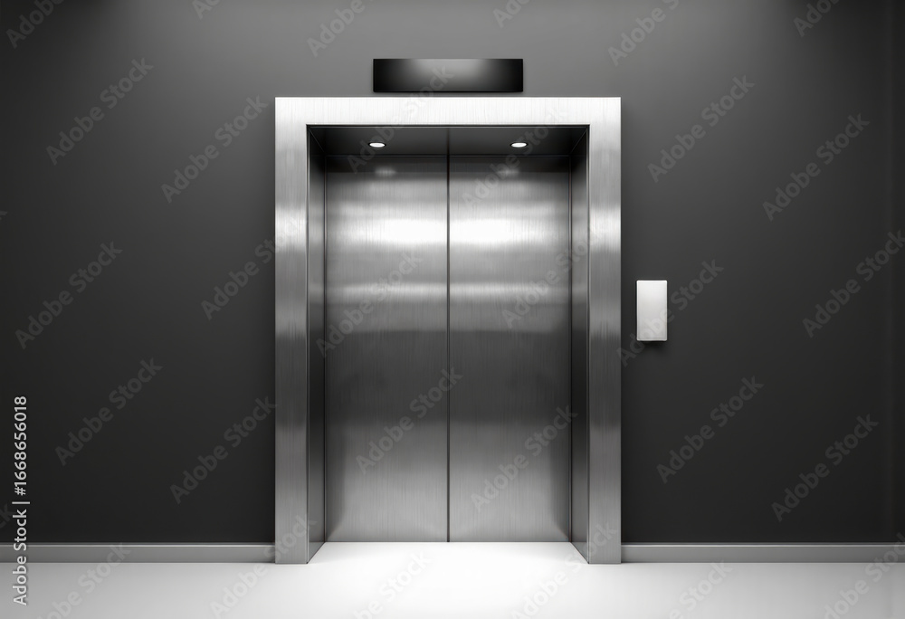 Poster closed elevator doors with a covered floor indicator in a modern setting