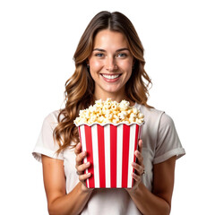 Beautiful woman smiling holding popcorn in bucket isolated on transparent background