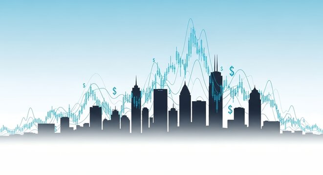 Dynamic financial cityscape with booming stock market trends and dollar signs - Powered by Adobe