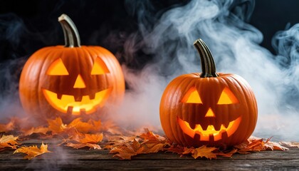 Fototapeta premium Halloween pumpkin ominous against fog and darkness.